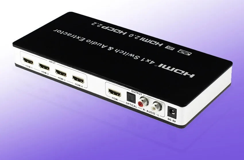 Black HDMI switch unit with remote control for four input, one output audio separation.