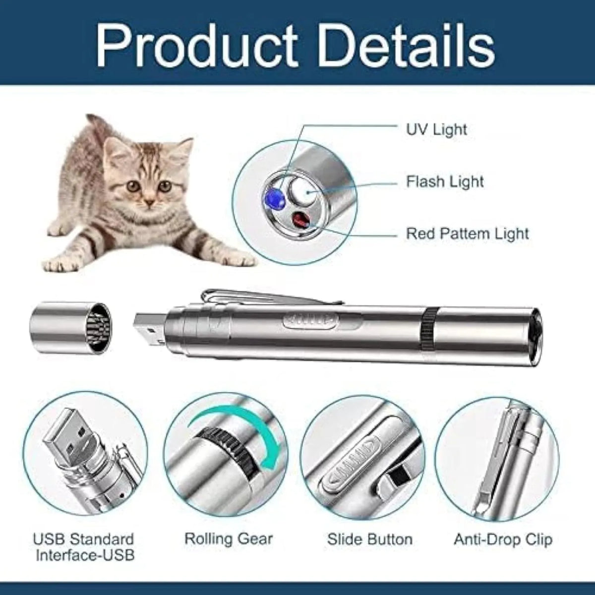 Silver aluminium cat laser toy pointer showing light patterns of a mouse and butterfly on a wall.