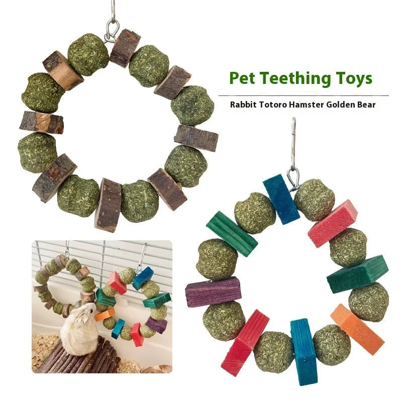 Hamster chew toy with straw balls on ring for small pets dental activity