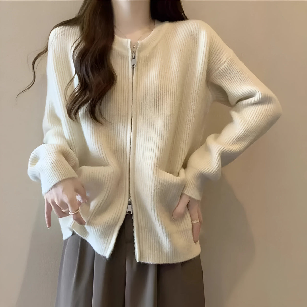 Beige temperature-sensitive viscose fibre long sleeve cardigan coat shown open