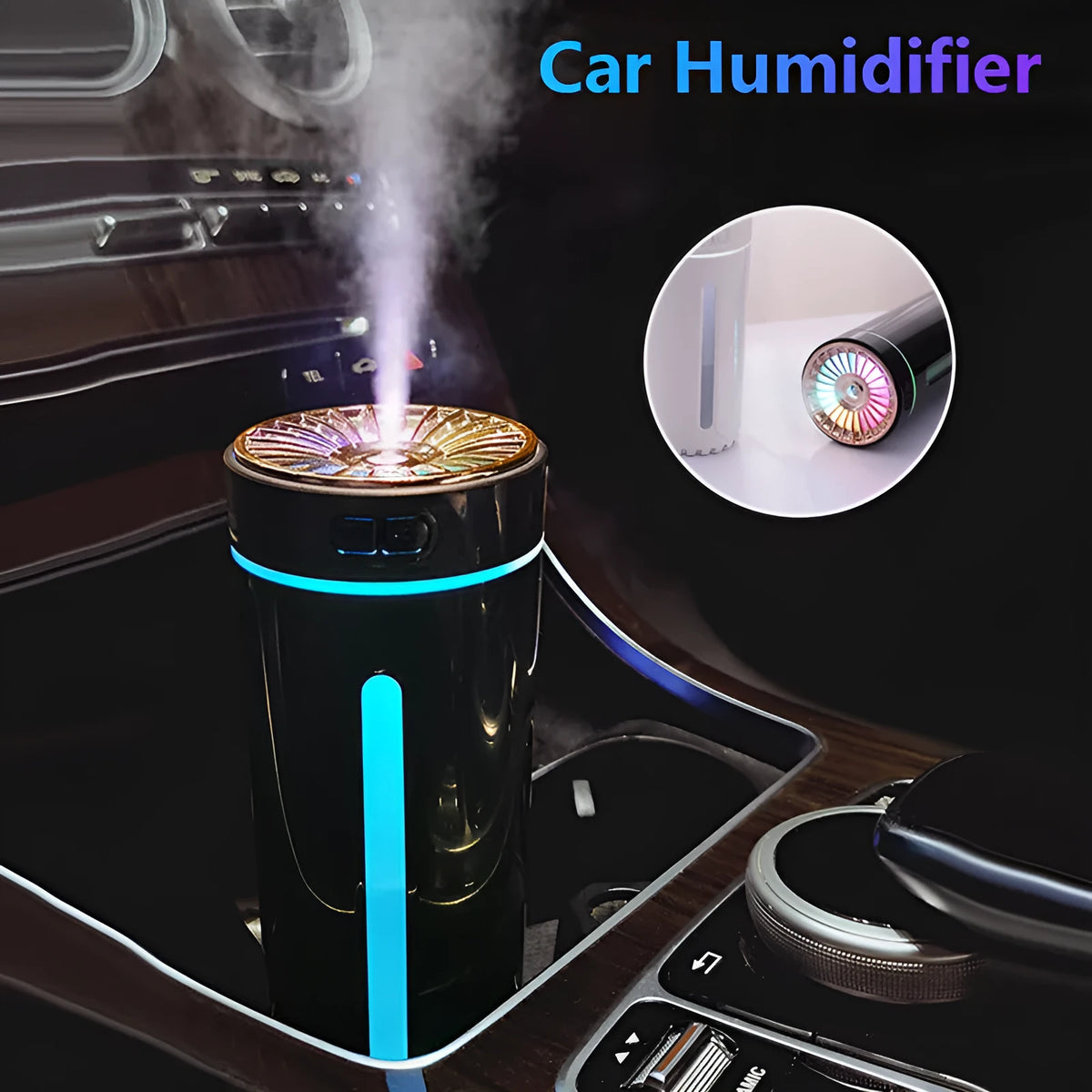 Black wireless USB humidifier with colourful lights on a car dashboard cup holder