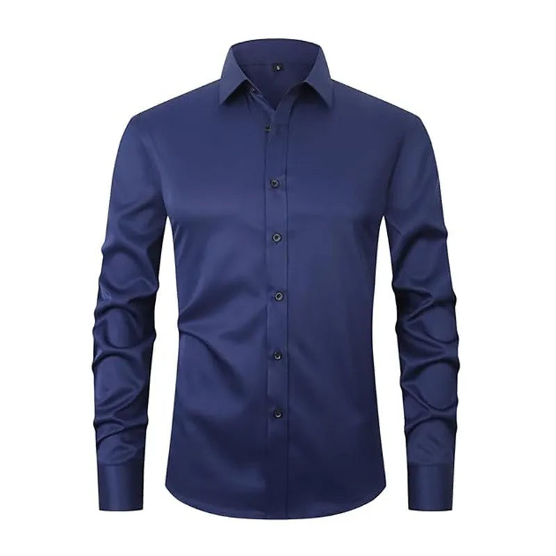 Men's stretch long sleeve work shirt in polyester fabric with white buckle detail and size guide