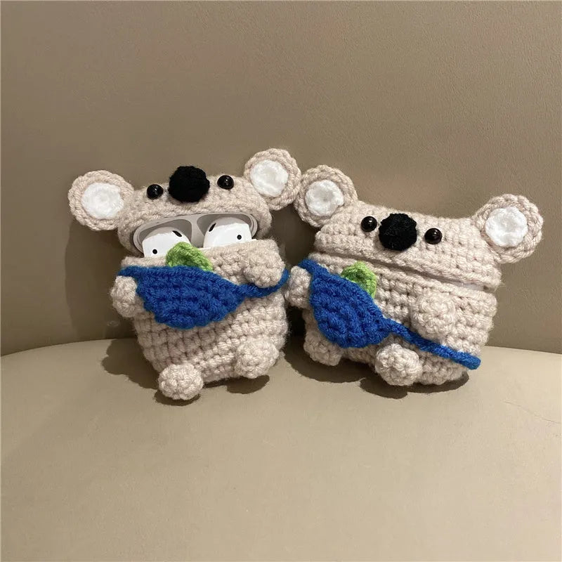 Hand knitted koala bear backpack design AirPods protective sleeve for wireless earbud charging case
