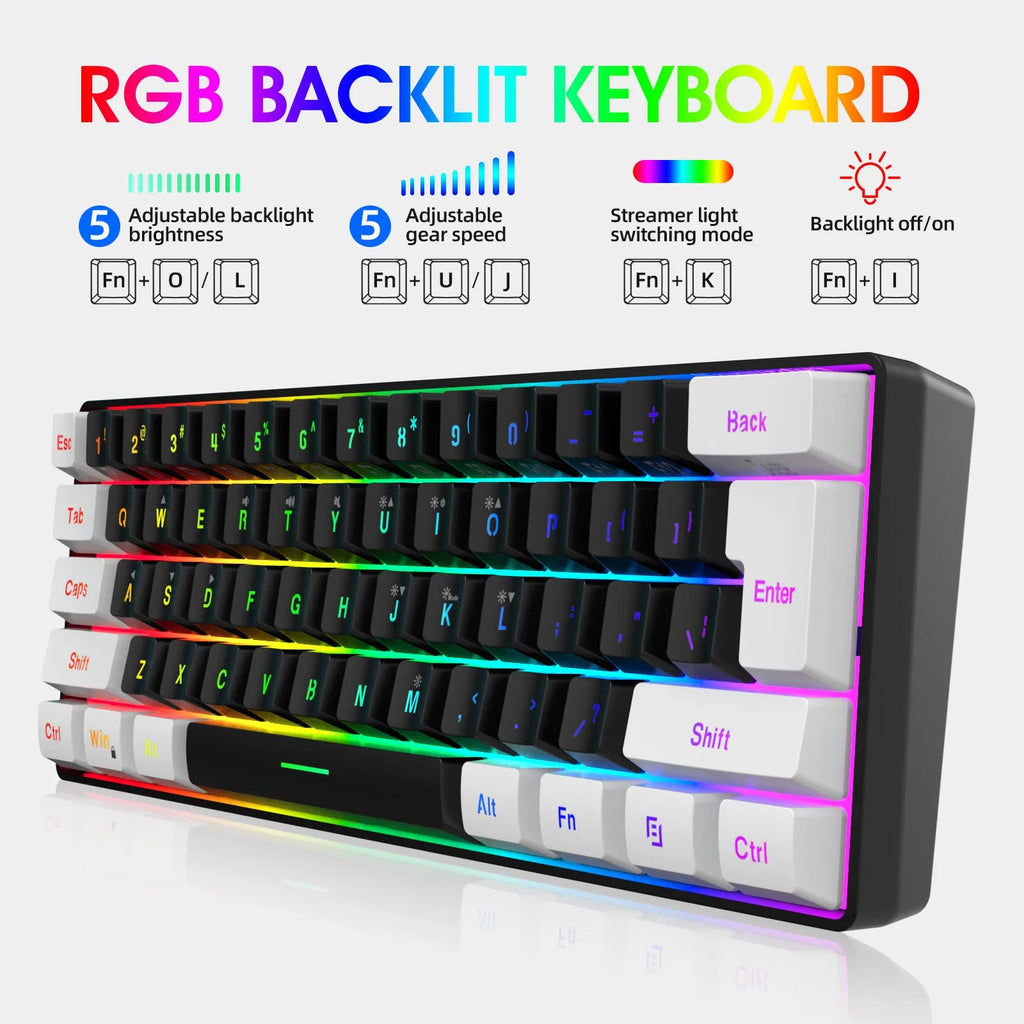 Wired 61-key membrane keyboard with white and black colour scheme showing compact design and USB cable