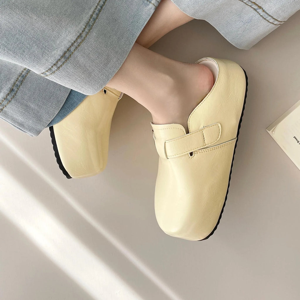 Flat buckle casual sneakers with round toe design in yellow, creamy-white, silver, and black colour options
