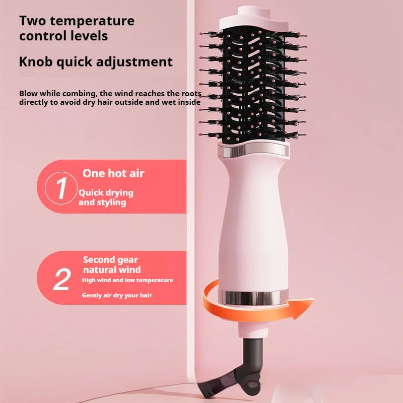 Pink multifunctional hair dryer with built-in comb and curling attachments for versatile styling