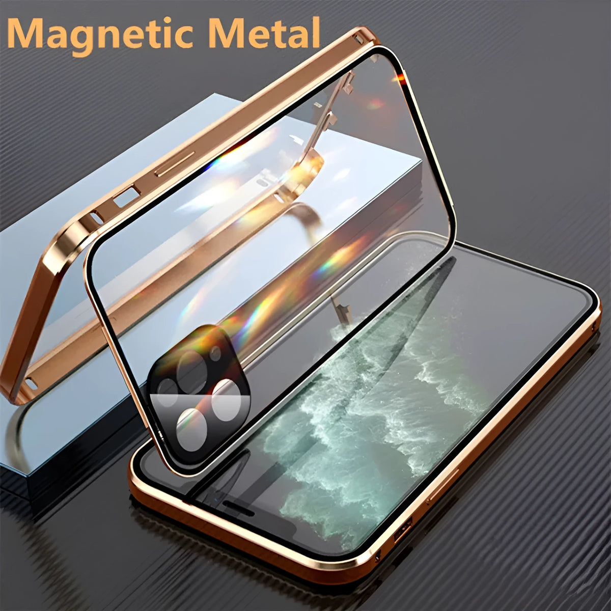 Black aluminium and tempered glass magnetic bumper case for iPhone, shown from a side angle.