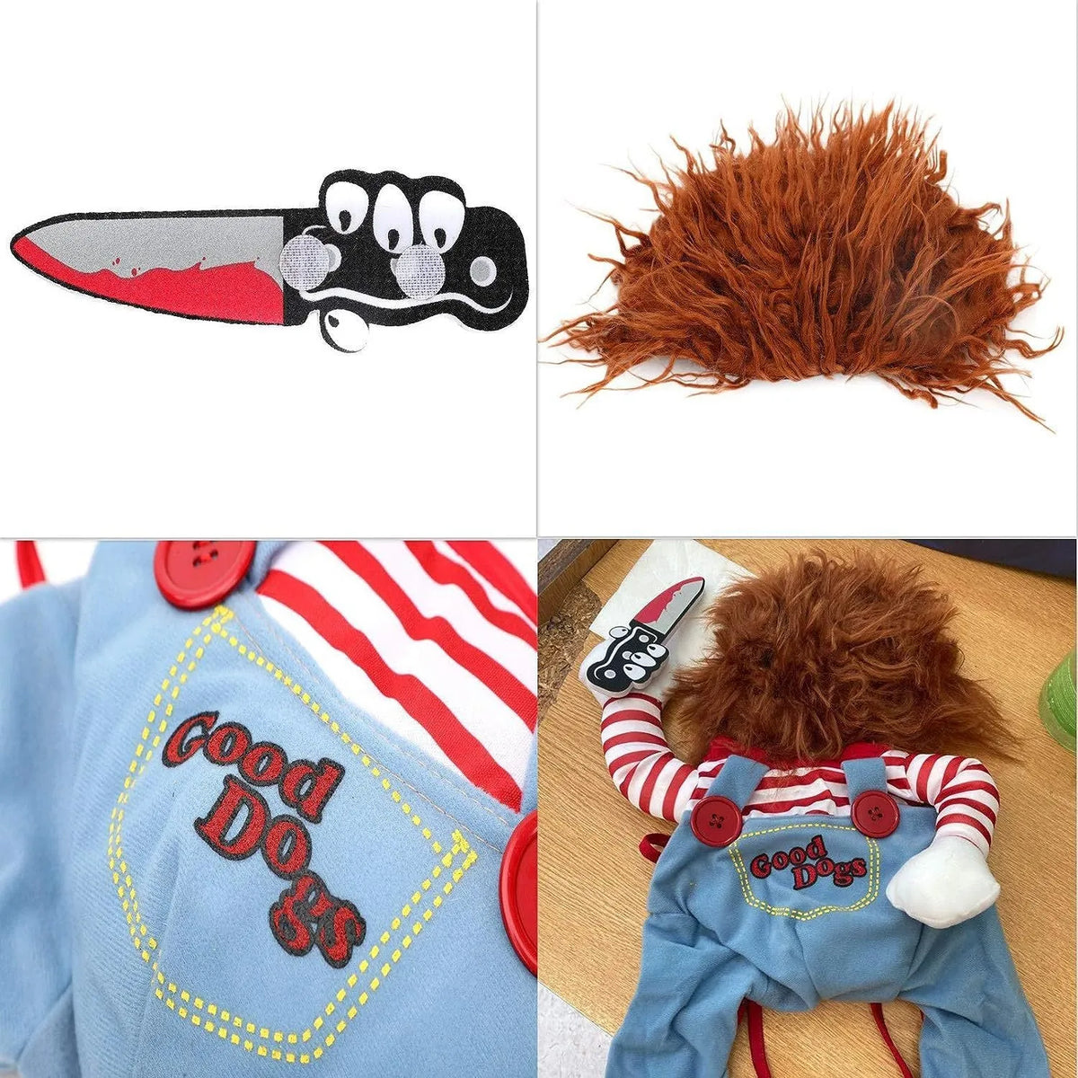 Striped Halloween harness costume for dogs and cats with knife accessory in three-piece set