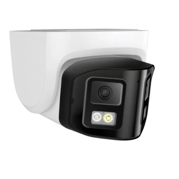 Outdoor security camera with dual lenses, measuring 124x72x201mm with IP66 waterproof rating