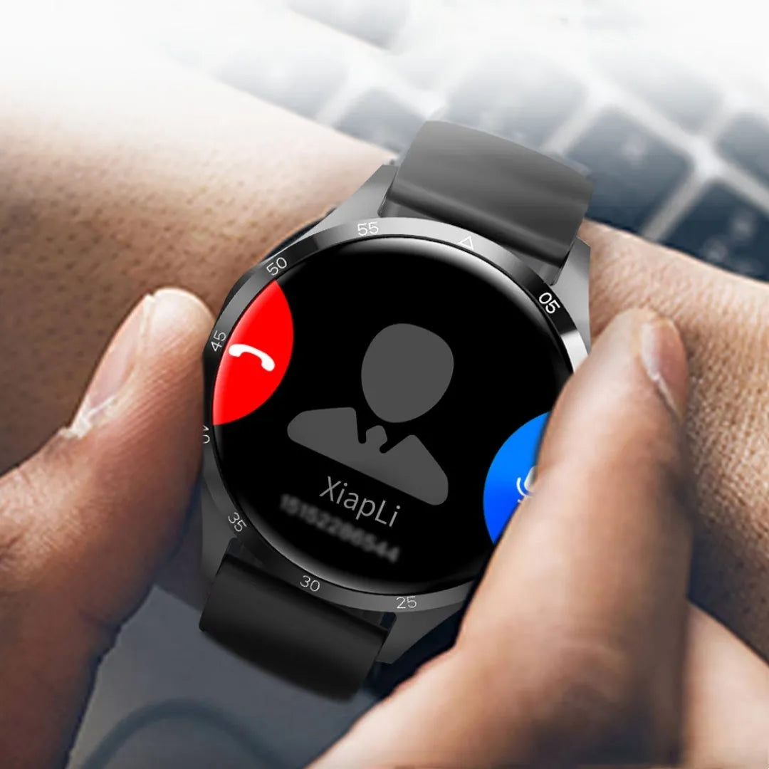 Black Bluetooth smartwatch with a TFT screen showing a heart rate graph, placed next to its charging cable.