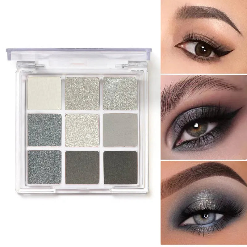 INS style nine-colour eye shadow palette showing white, silver, black, and iron grey shades.