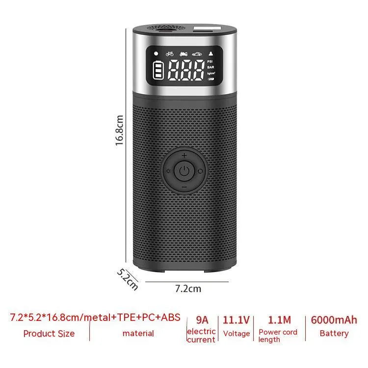 Black portable wireless car tyre air pump with LED light and USB charging cable