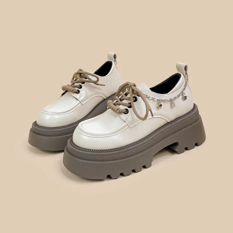 White PU platform Mary Jane shoes with a chunky 6-8cm heel, round toe, and front lace-up.
