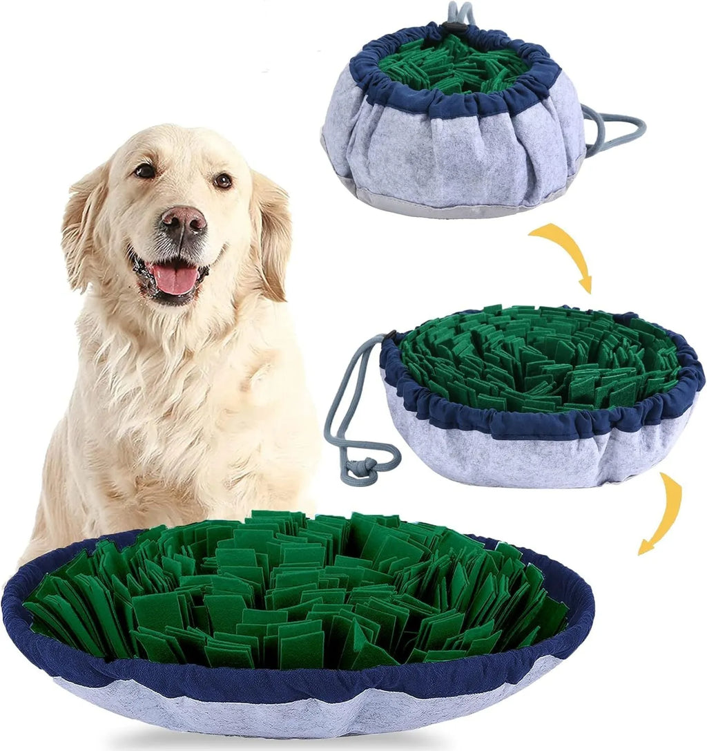 Blue adjustable snuffle mat for large dogs showing fabric pockets for hiding treats