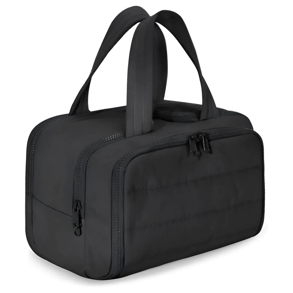 Large travel toiletry bag with wide open mouth in lightweight polyester fabric