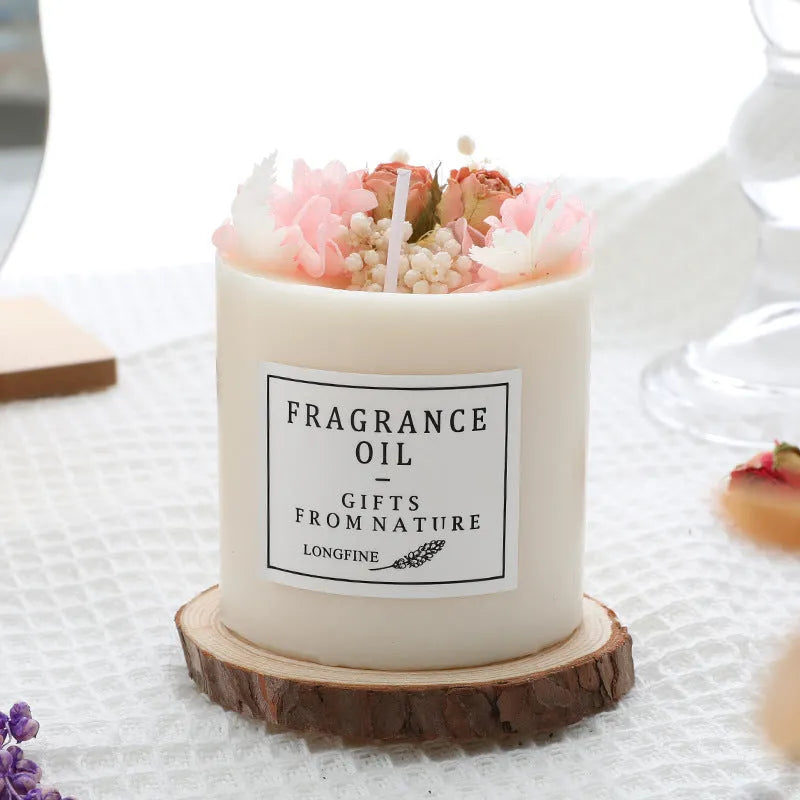 Scented soy wax candle with dried flowers decoration showing lavender fragrance option with wooden chip base
