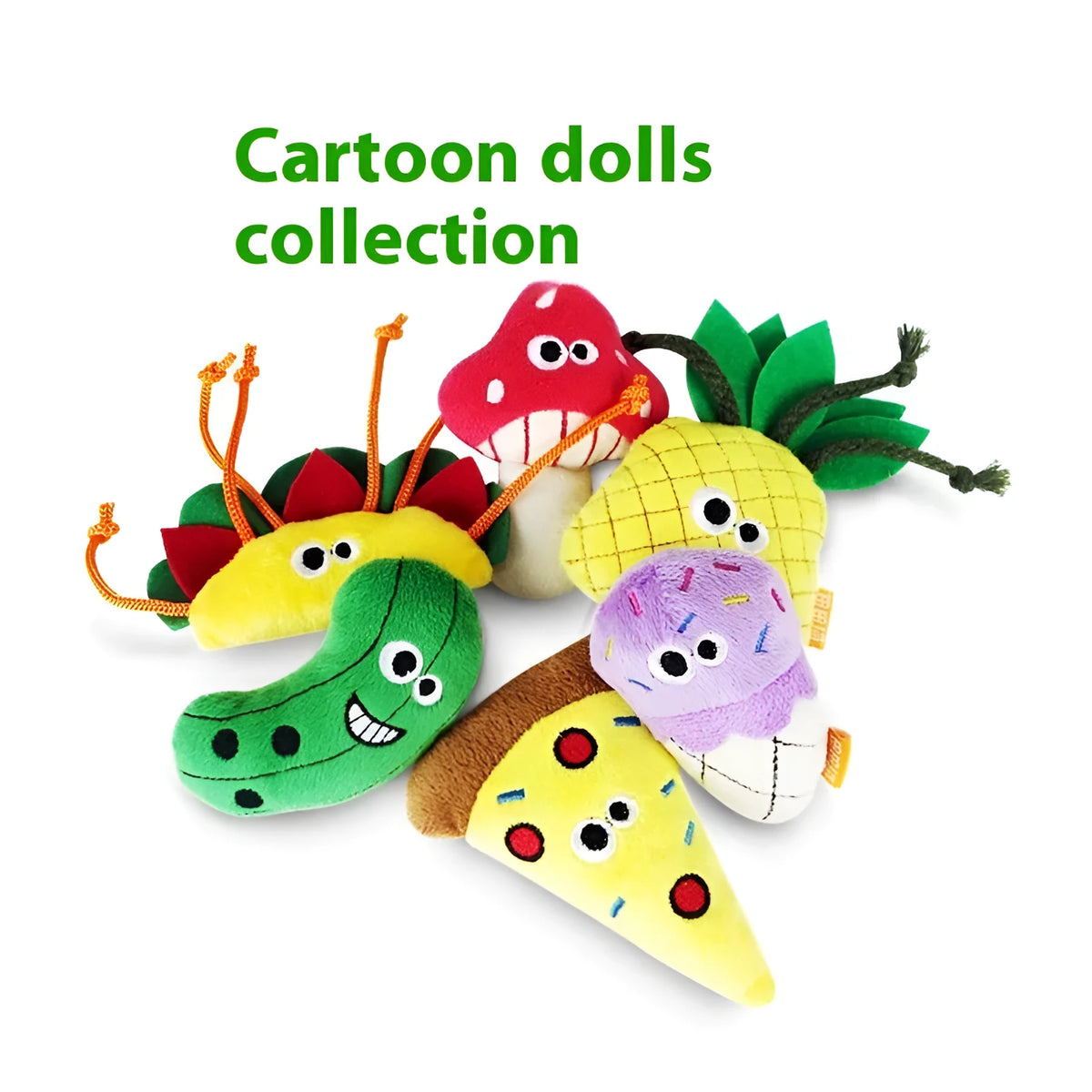 Six food-shaped catnip plush toys: burrito, cone, cucumber, mushroom, pineapple, and pizza designs.