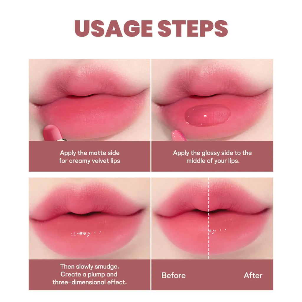 Double-headed lipstick and lip gloss set showing ten colour shades in matte finish.