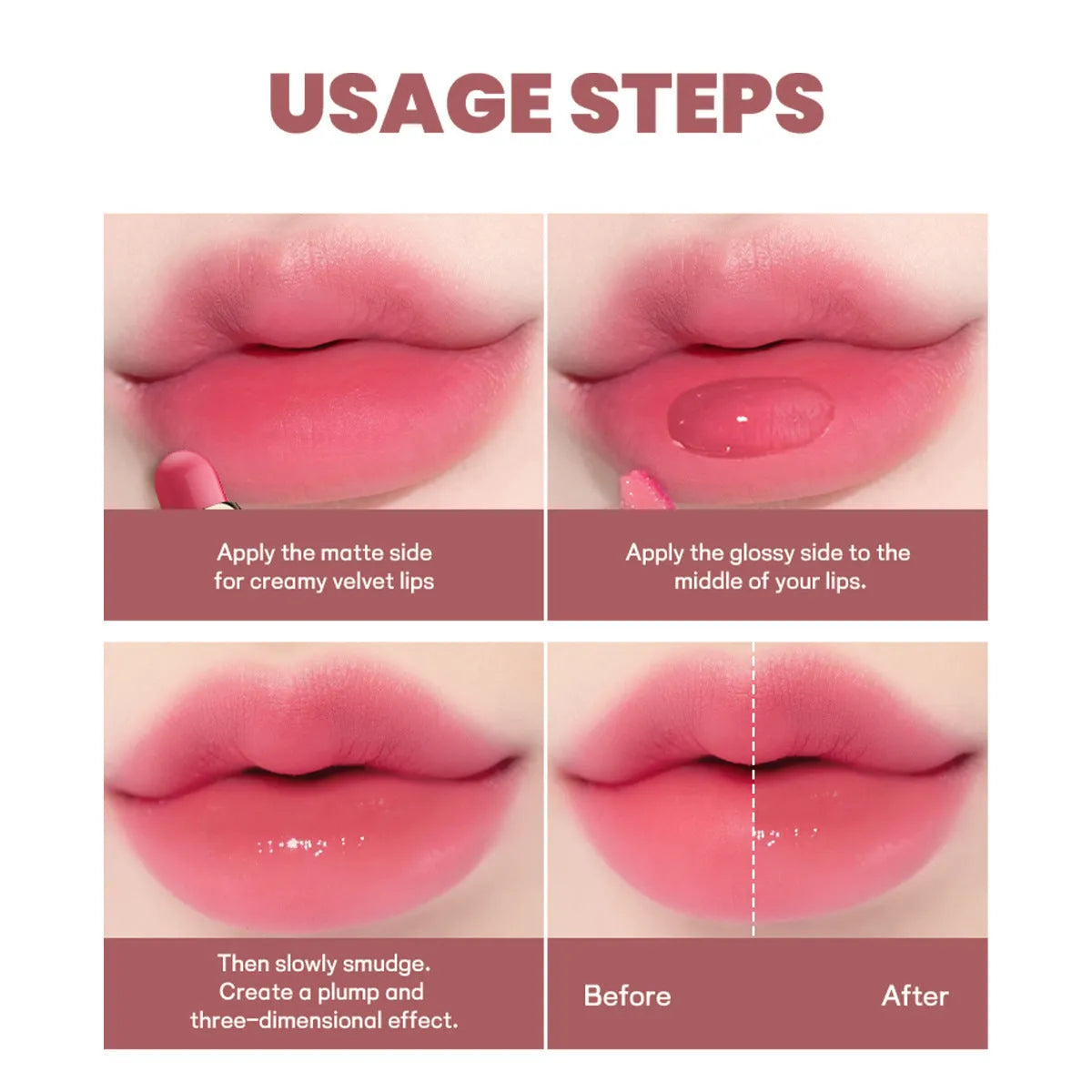 Double-headed lipstick and lip gloss set showing ten colour shades in matte finish.