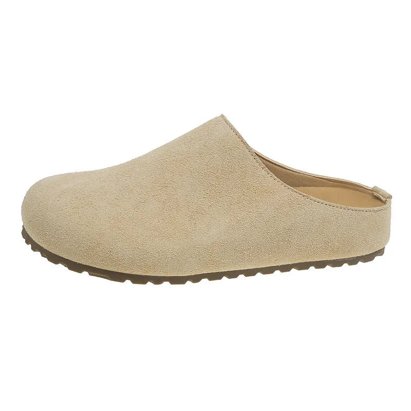 Square toe microfiber slip-on slippers in apricot brown camel and khaki colors for summer