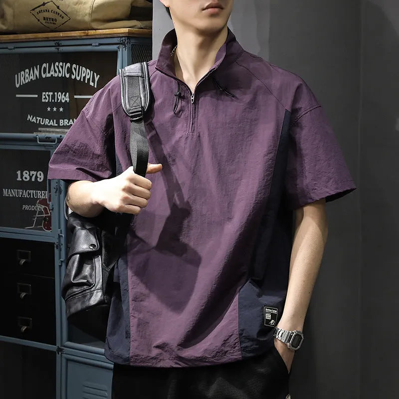 Men's brown half-zip stand collar shirt with short sleeves and loose fit