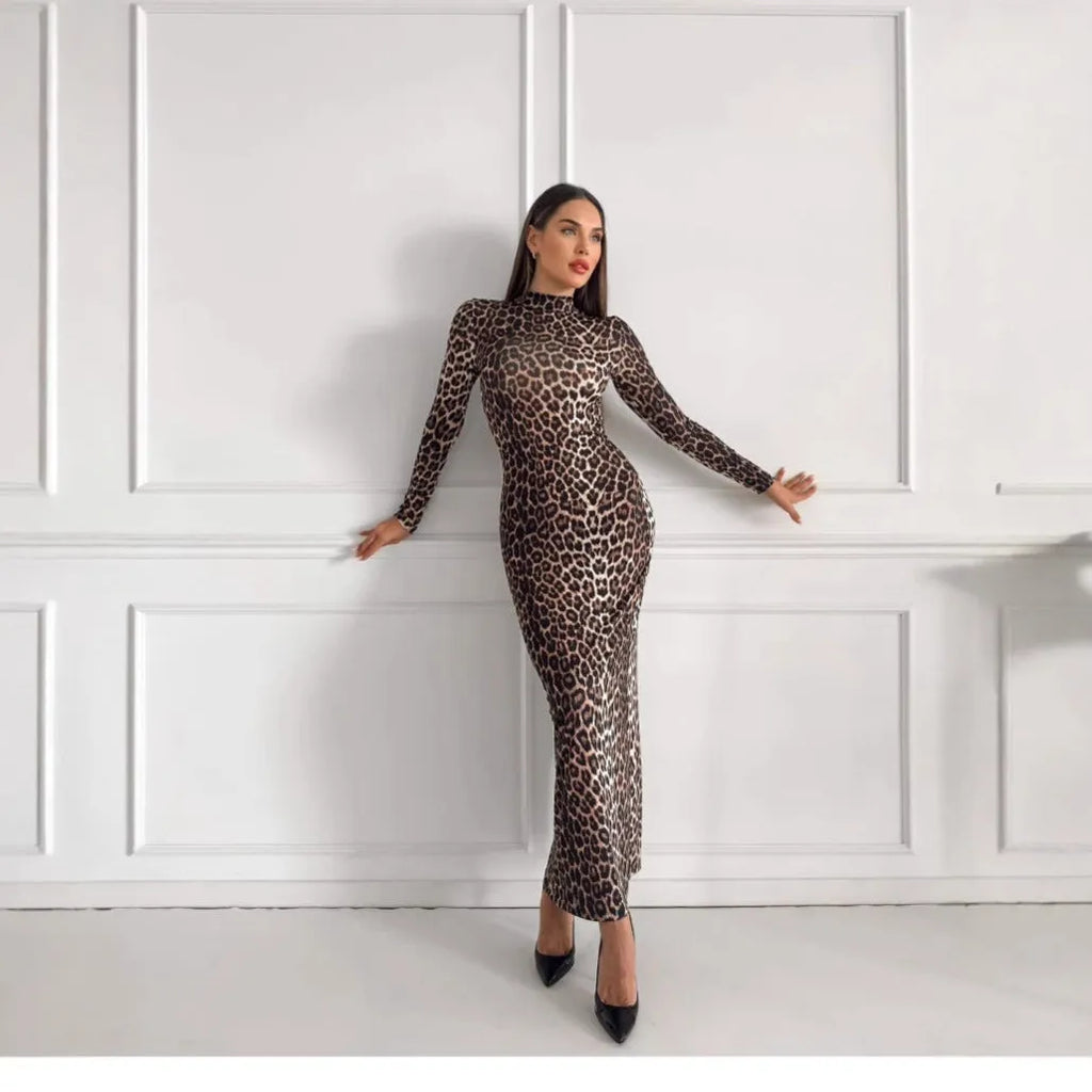 Leopard print stand collar long sleeve dress with high waist and hip skirt silhouette