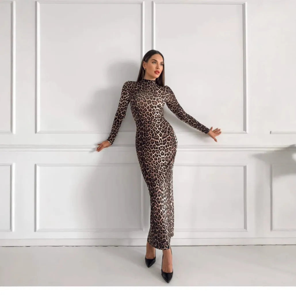 Leopard print stand collar long sleeve dress with high waist and hip skirt silhouette