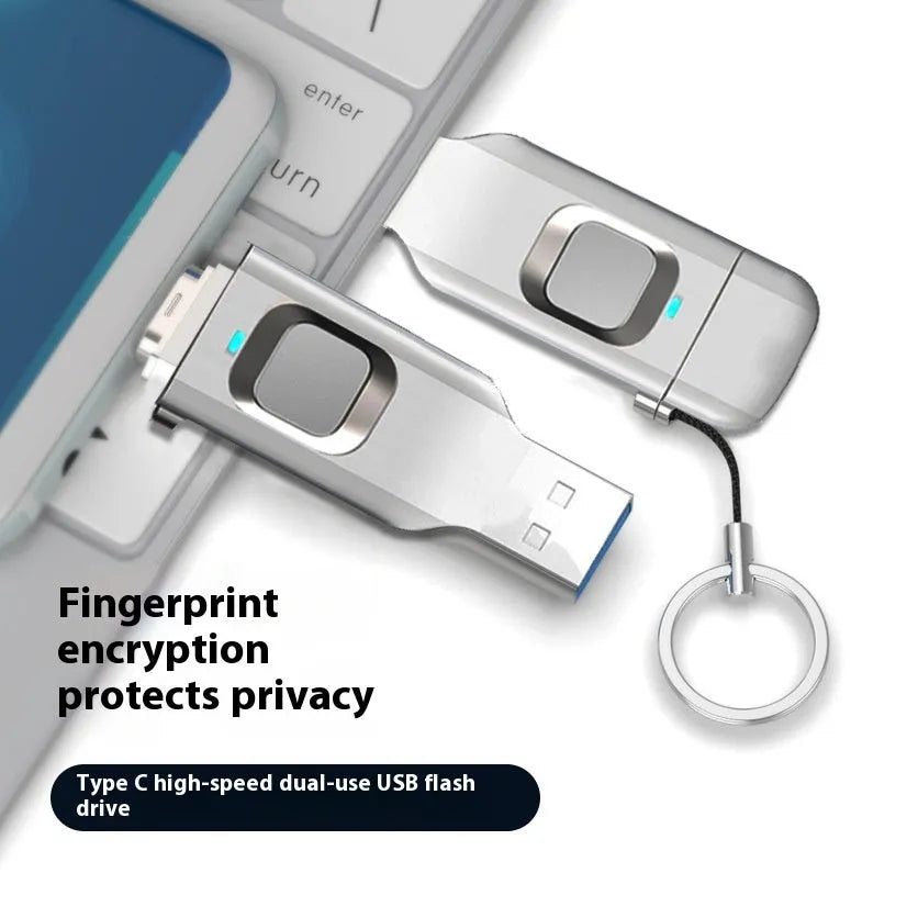 Fingerprint encrypted USB flash drive with USB 3.0 and Type-C interfaces in metal casing