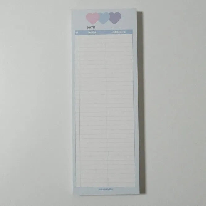Vertical B5 half size English learning notepad with pink soft cover showing double-sided printed pages