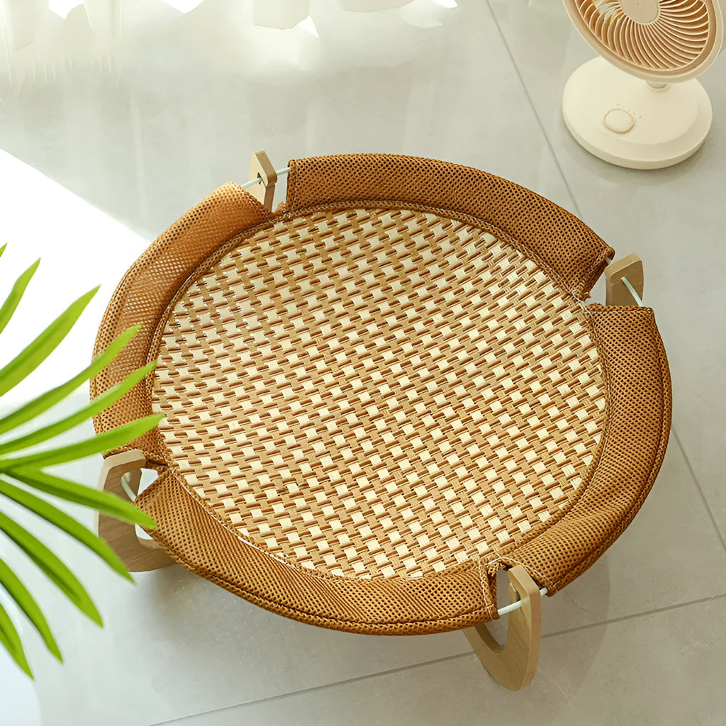 Brown woven rattan pet hammock bed with 46cm square dimensions and 17.5cm height