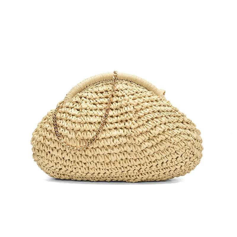Women's straw shoulder bag with chain strap in khaki colour