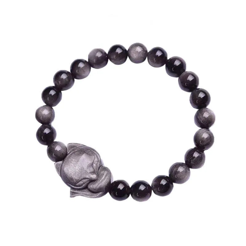 Obsidian fox single ring bracelet showing polished 8mm stone bead with detailed fox pendant on adjustable band