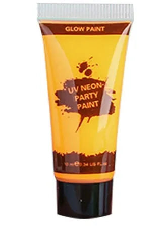 Close-up of a neon green face paint tube with hose applicator on a colourful design.