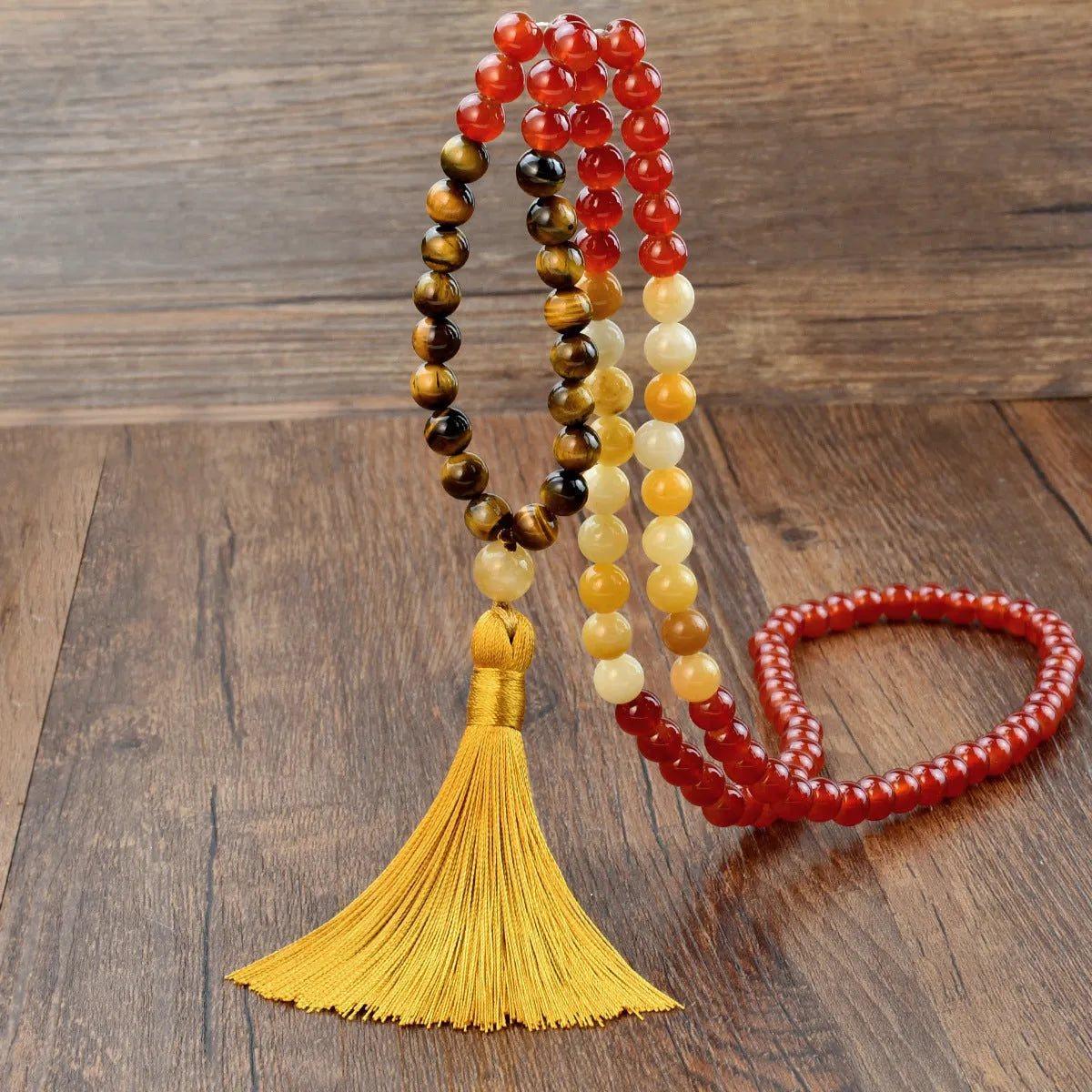 108 natural stone tassel necklace with gemstone pendant on long bead chain