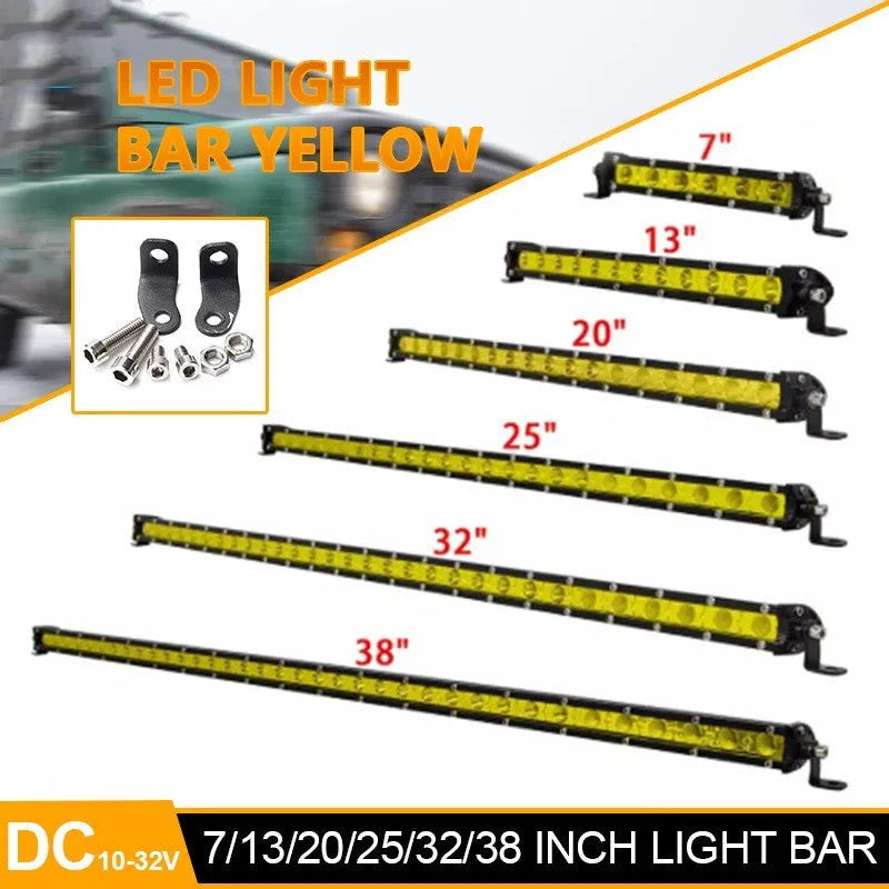 25-inch single row LED light bar with aluminium housing and mounting brackets for car or truck.