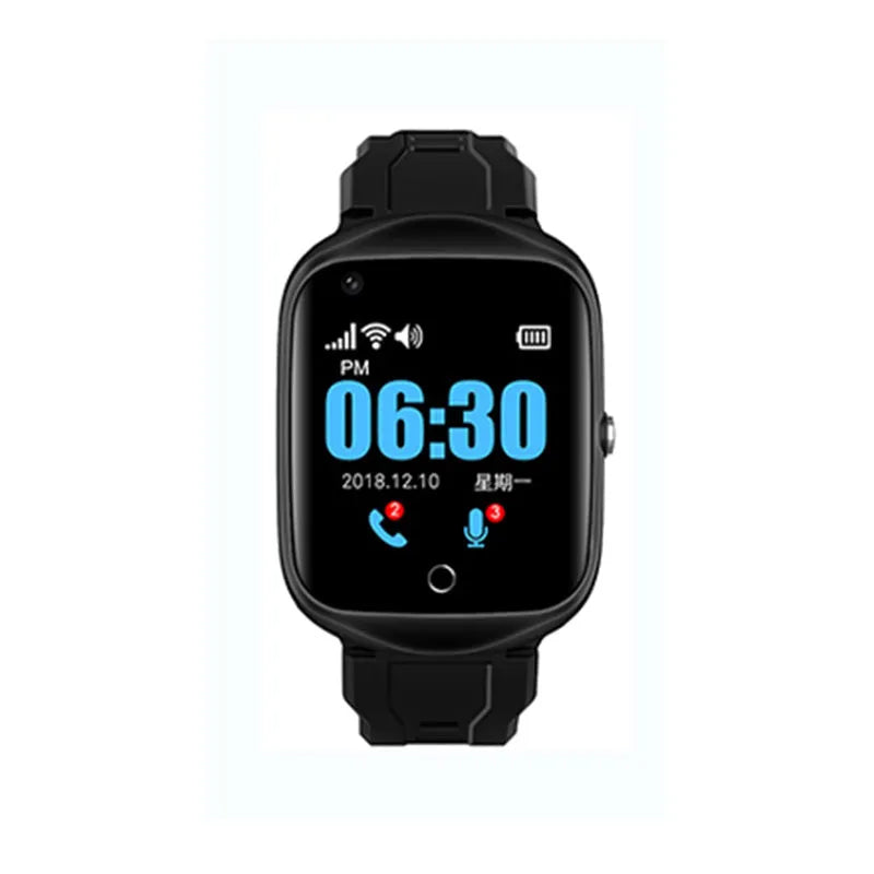 Square silver elderly smartwatch with silicone strap on a wrist, showing a 1.3-inch display