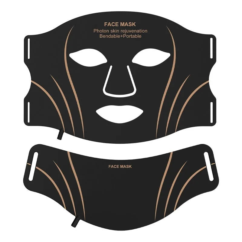 Black gold coloured IPL and LED photon beauty mask device with a headband and touch screen button.