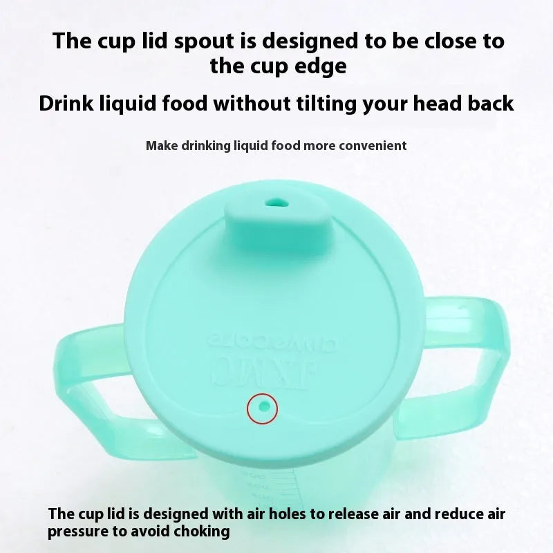 Elderly bed drinking cup with oblique mouth design, handle, and secure lid