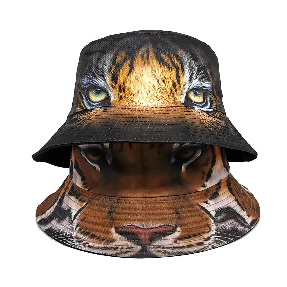Khaki tiger print bucket hat with domed crown on a neutral background.