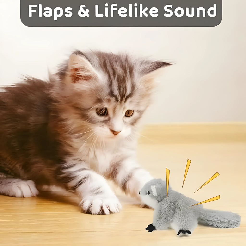 Grey flapping squirrel cat toy with waving wings on a floor