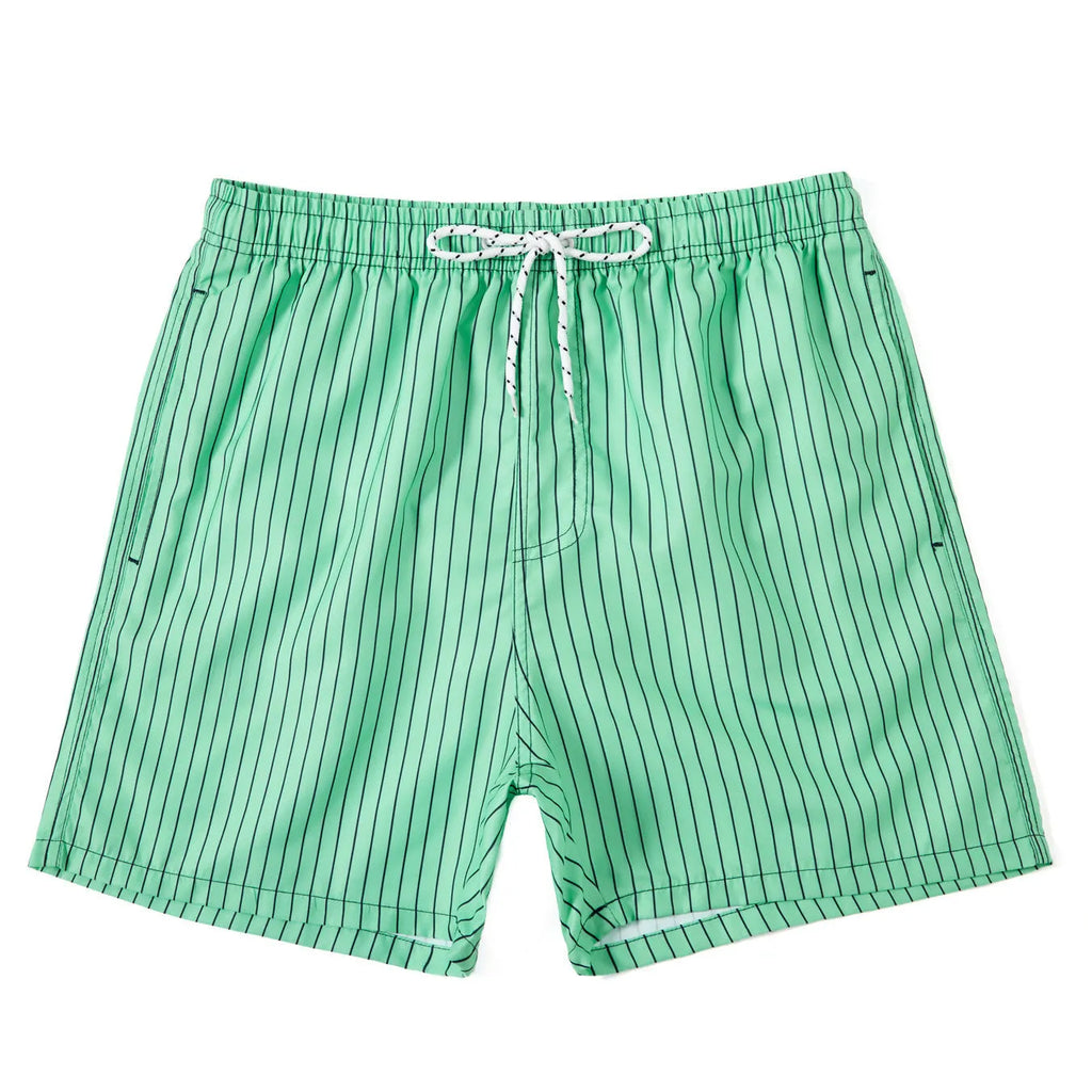 Navy blue striped beach shorts with straight leg opening and triangle lining, flat lay.