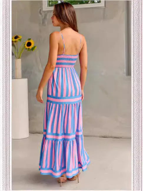 Women's striped summer dress with suspender straps, square neckline, side pockets and backless design