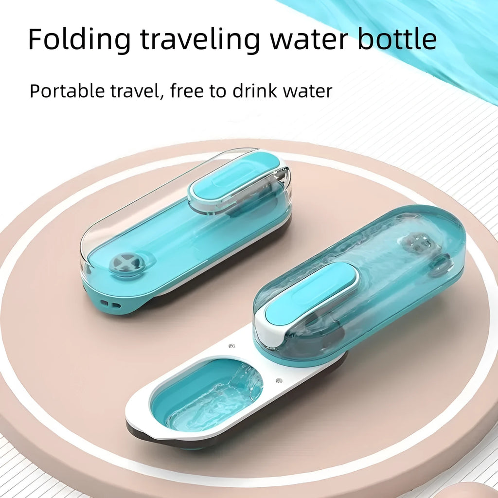 Portable pet water bottle with folding silicone drinking bowl in blue colour