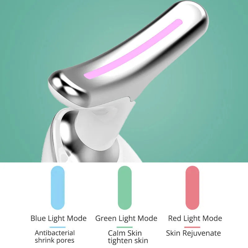 EMS thermal neck lifting massager device with LED lights, USB cable, and moisturiser.