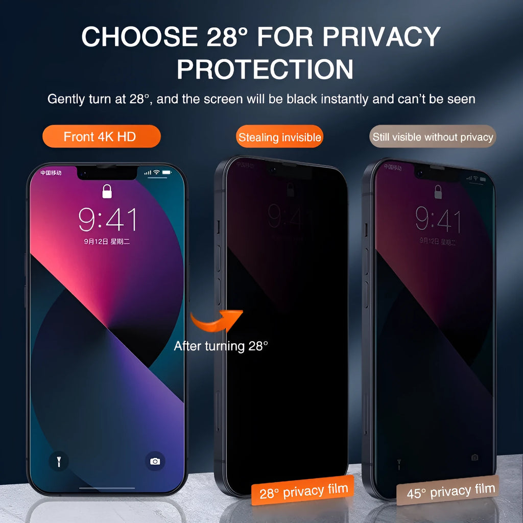iPhone anti-peeping tempered glass screen protector showing privacy angle effect and full coverage.