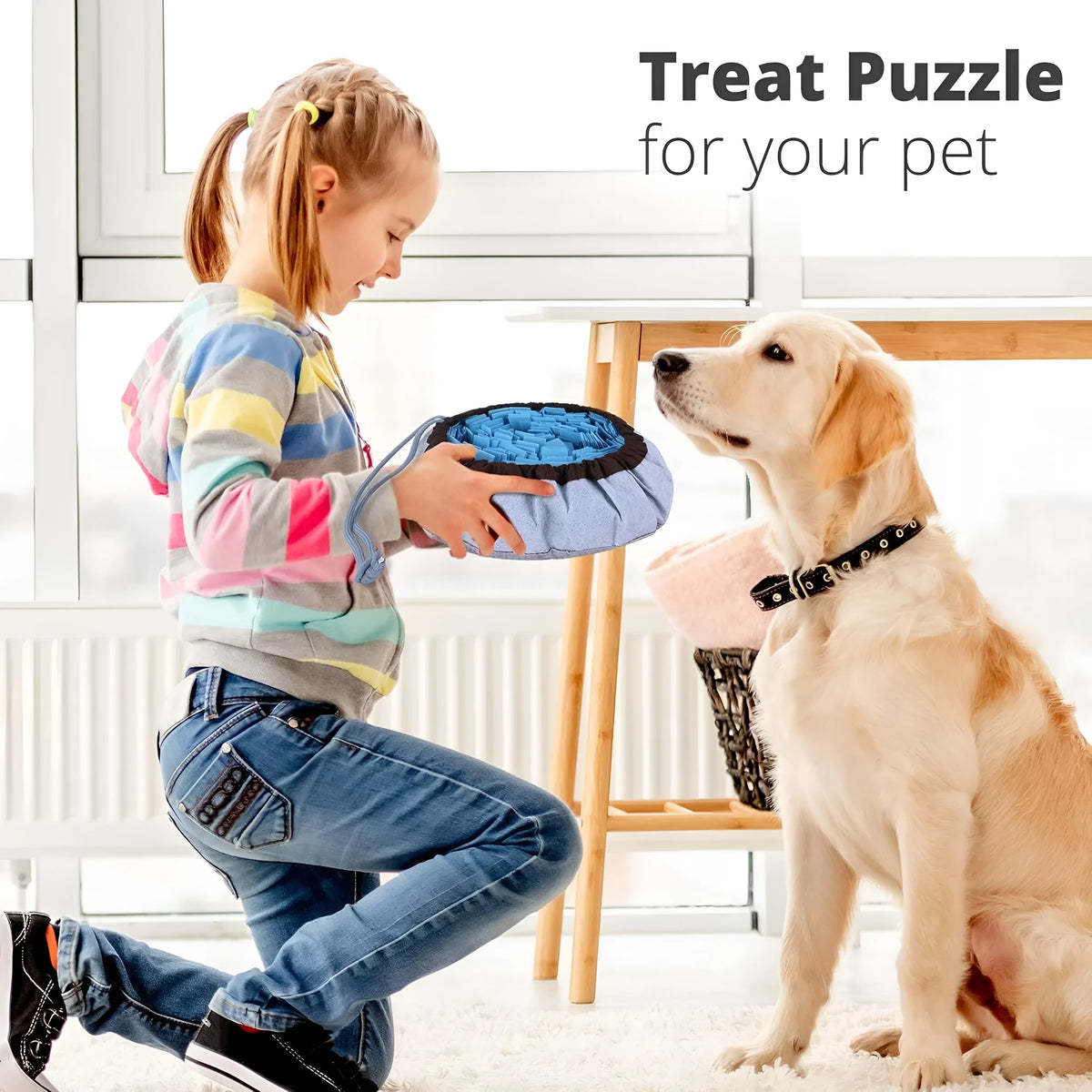 Blue adjustable snuffle mat for large dogs showing fabric pockets for hiding treats