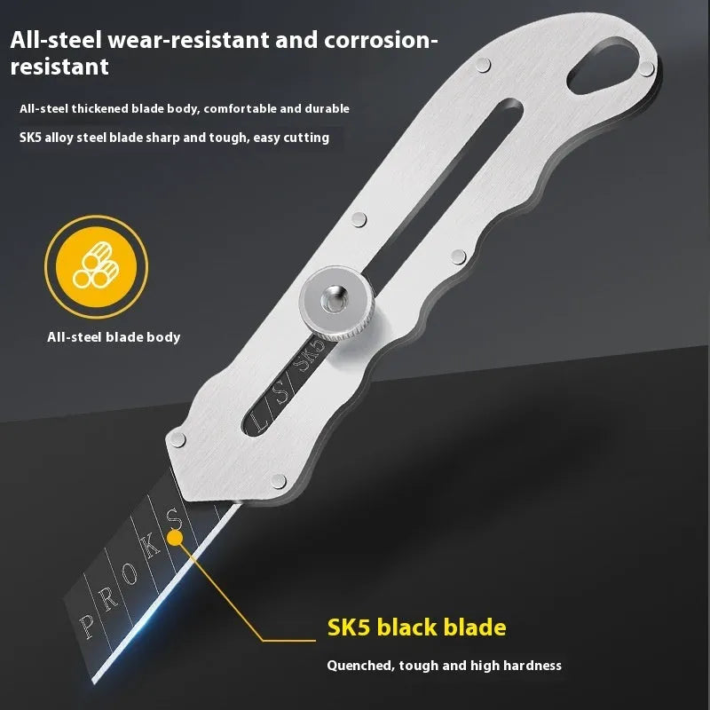 Stainless steel folding art knife with black blade and packs of long and trapezoidal blades