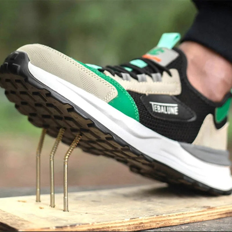 Black green plastic steel toe anti-smash work shoe with mesh upper on a TPU sole