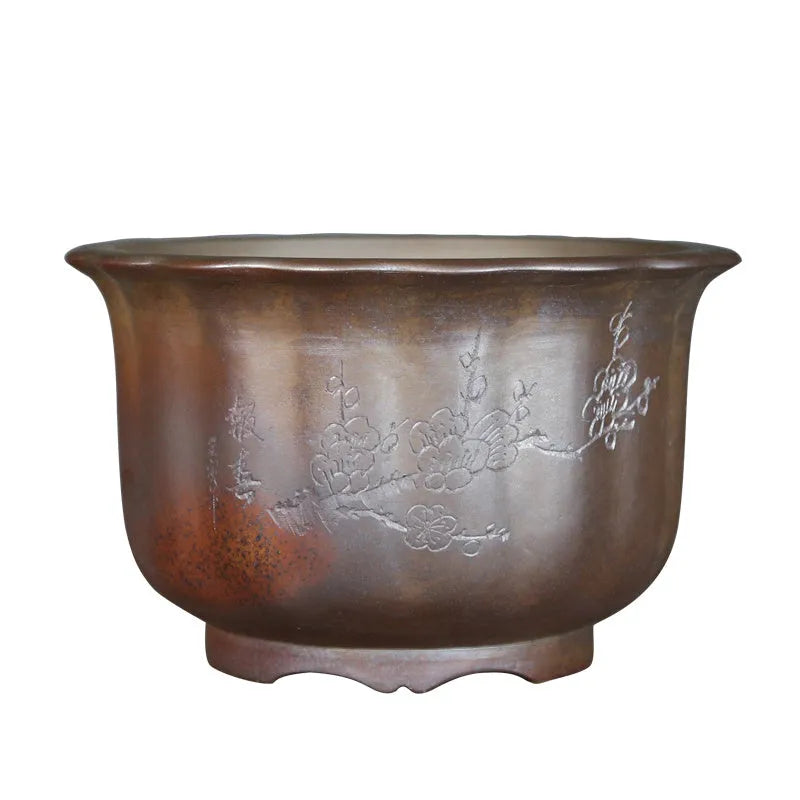 Large antique carved purple sand ceramic bonsai pot in classical style with S1696 firewood colour finish