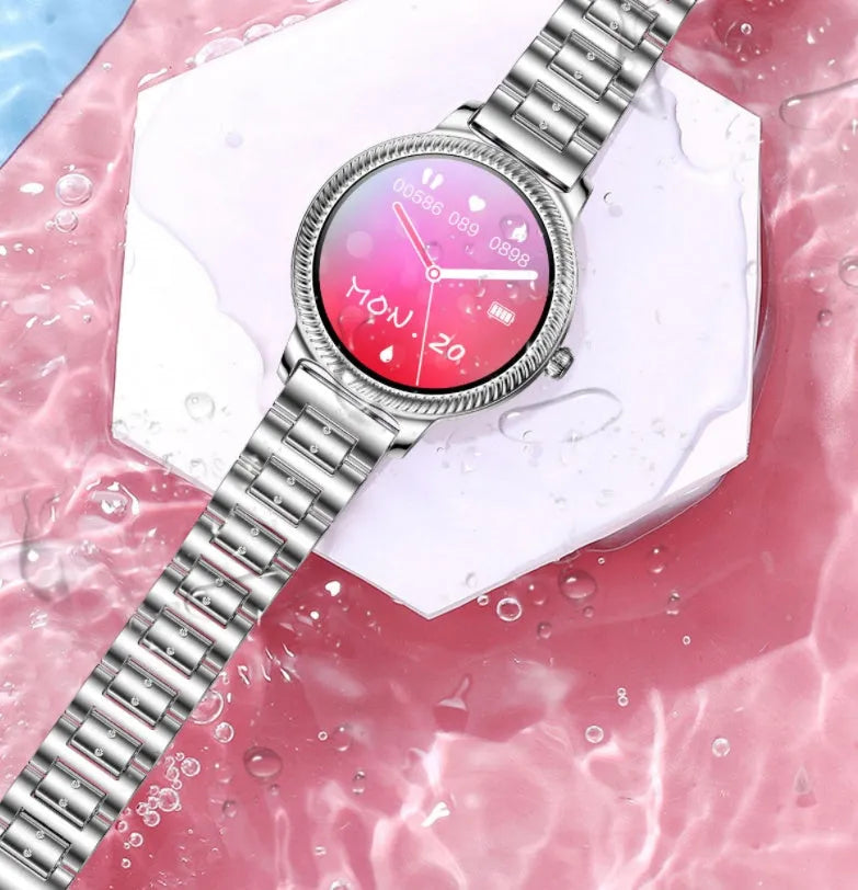 AK38 ladies smart watch with stainless steel bracelet and 1.09-inch display